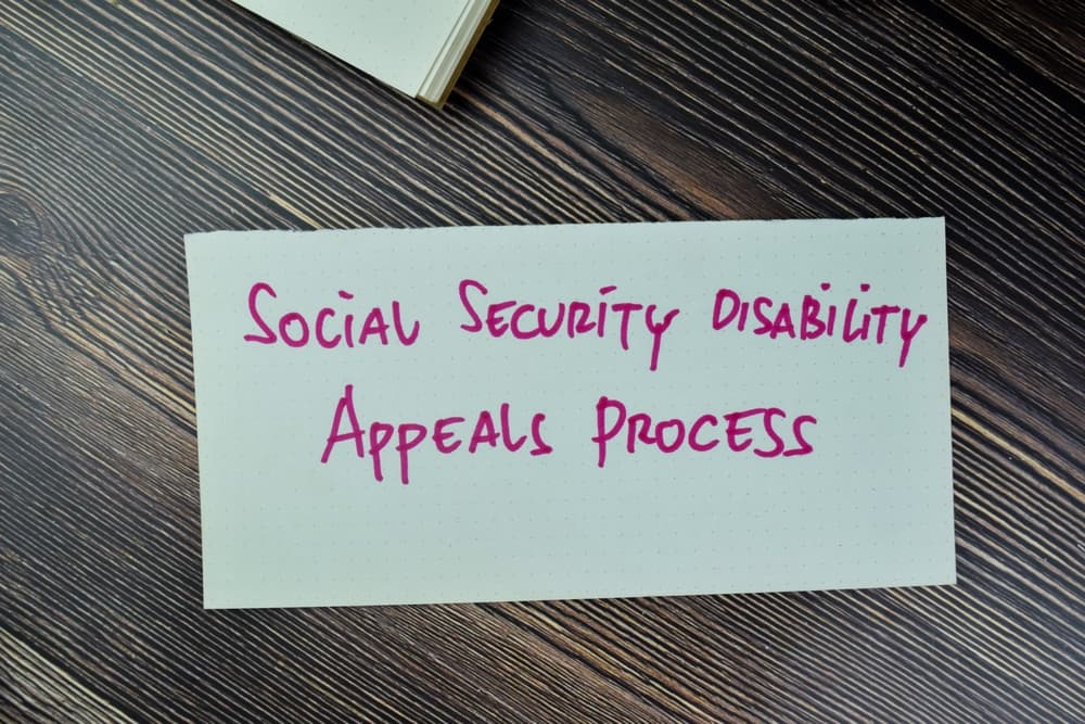Social Security Disability Appeals Process write on sticky notes isolated on Wooden Table.
